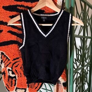 Eclipse Cropped Black V-Neck Knit Vest with White Trim